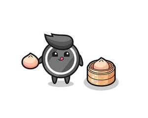 cute hockey puck character eating steamed buns