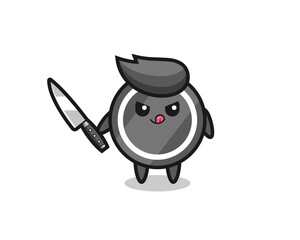 cute hockey puck mascot as a psychopath holding a knife