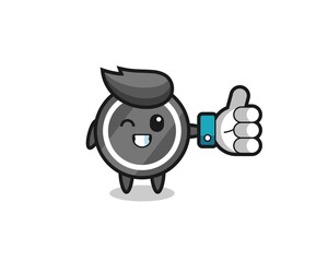 cute hockey puck with social media thumbs up symbol