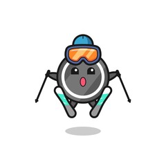 hockey puck mascot character as a ski player