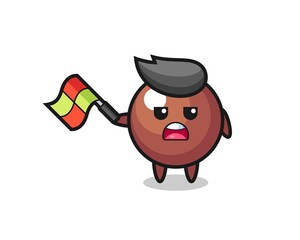 chocolate ball cartoon as the line judge hold the flag up at a 45 degree angle