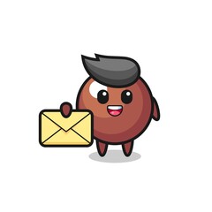 cartoon illustration of chocolate ball holding a yellow letter
