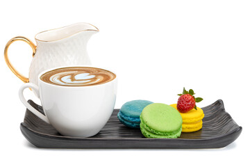 Colorful assortment of macaroon french dessert and fresh strawberry