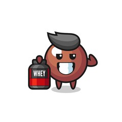 the muscular chocolate ball character is holding a protein supplement