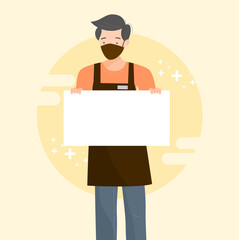 Young man wearing protective face mask and cloth face covering, shop assistant holding white empty sign, to protect from Covid19. Reopening business with safty measures. Flat vector illustration.