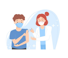 Covid19 vaccination, a man getting vaccinated. Doctor injecting a patient in arm muscle. Immunity health concept. Immunization and vaccination campaign of people against Coronavirus. Flat vector.