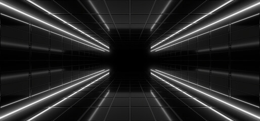 A dark tunnel lit by white neon lights. Reflections on the floor and walls. 3d rendering image.