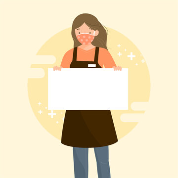 Young Girl Wearing Double Protective Face Mask And Cloth Face Covering, Shop Assistant Holding White Empty Sign, To Protect From Covid19. Reopening With Safty Measures. Flat Vector Illustration