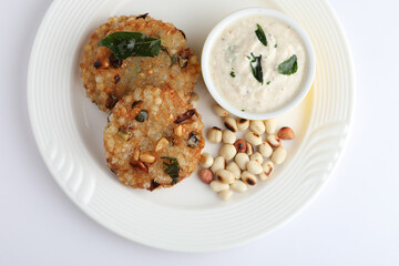 Sabudana vada or Sago fried cake served with peanut chutney , popular fasting recipe from India.
