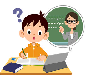 疑問を持つオンラインで授業を受ける小学生の男の子
