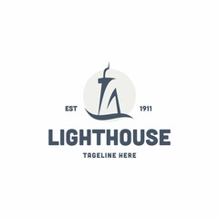Lighthouse logo vector, Beacon logo icon, Modern linear simple logotype, Lighthouses and ocean waves