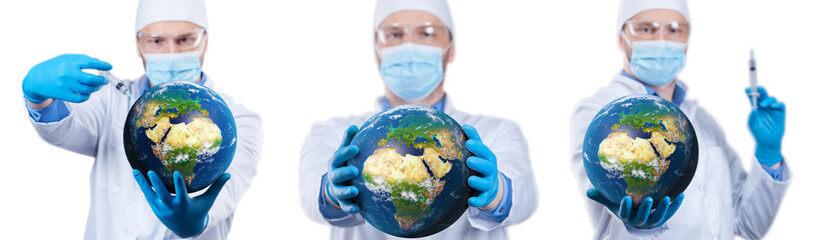 Doctor hold a earth globe in hands and a medical syringe with vaccine against corona virus. 3D...