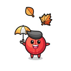 cartoon of the cute cricket ball holding an umbrella in autumn