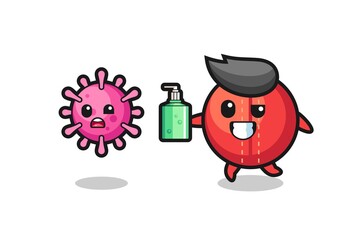 illustration of cricket ball character chasing evil virus with hand sanitizer