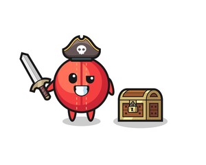 the cricket ball pirate character holding sword beside a treasure box