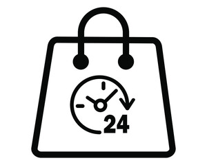 Shopping cart symbol logo icon, shopping paper bag with 24-hour open icon. perfect pixel