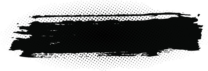 Black grunge paint stripe with halftone dots. Vector brush stroke. Blank textured shape for banners, badges, emblems, labels and pattern. Dry black border. Abstract dirty background