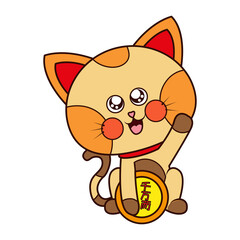 Isolated kawaii asian cat. Neko with one hand up - Vector