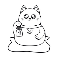 Isolated kawaii asian cat. Neko with one hand up Vector