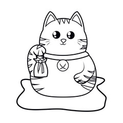 Isolated kawaii asian cat. Neko with one hand up Vector