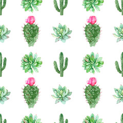 Cactus and succulents seamless pattern for fabric, wrapping paper and wallpaper. Watercolor floral illustration. Pink exotic flowers. Isolated on white background.