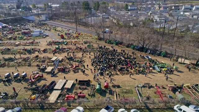 An Aerial View of an Amish Mud Sale in Pennsylvania Selling Amish Products on a Sunny Day
