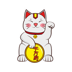 Isolated kawaii asian cat. Neko with one hand up