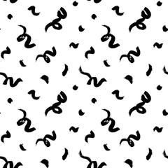 Curly line brush strokes vector seamless pattern. Abstract background in Memphis style. Grunge brush stroke dashes and smears. Hand drawn ink illustration. Hipster black paint geometric background. 