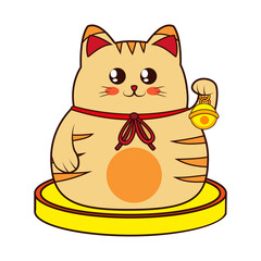 Isolated kawaii asian cat. Neko with one hand up