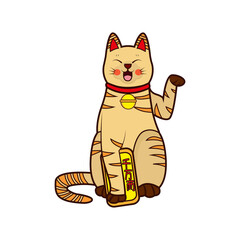 Isolated kawaii asian cat. Neko with one hand up