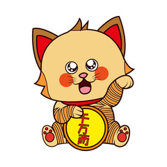 Isolated kawaii asian cat. Neko with one hand up