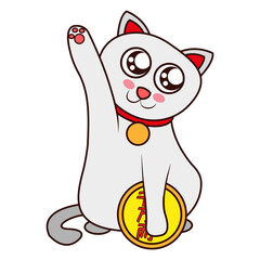 Isolated kawaii asian cat. Neko with one hand up