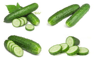 Set of sliced cucumber isolated on white background. Fresh vegetables ingredients.