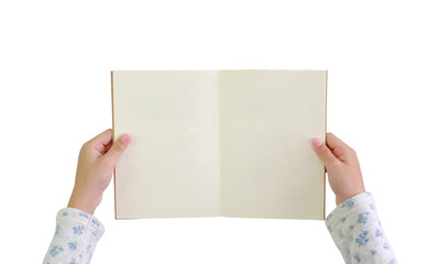 Close up kid hands holding and open book with blank page over white background with clipping path