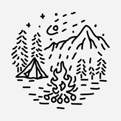 Camping nature adventure wild line badge patch pin graphic illustration vector art t-shirt design