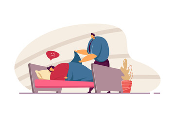 Husband taking care of sick wife. Sad woman lying in bed, man covering with blanket flat vector illustration. Family, relationship, health concept for banner, website design or landing web page