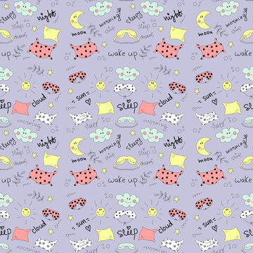 Time to go to sleep colorful element set: pillows, sleep masks, moon, stars, sun, clouds. Perfect for scrapbooking, greeting card, poster, tag, sticker kit. Hand drawn illustration.