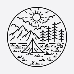 Camping nature adventure wild line badge patch pin graphic illustration vector art t-shirt design