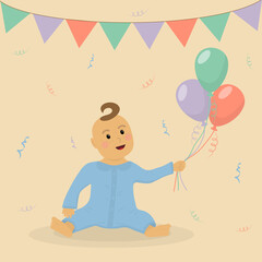 Baby boy sitting with air balloons. Little boy's birthday party. Shower card. Festive decoration. Happy Birthday Invitation Card. 