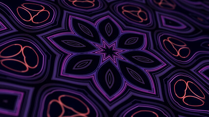 Kaleidoscopic structure with neon flash lights. Abstract bg with flashing lines. Pattern like symmetrical radial ornament on plane like light bulbs or garland of lines. 3d render