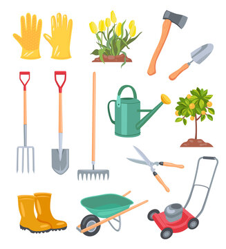 Garden tools illustrations in cartoon style. Bright gardening equipment, rake or shovel and lawnmower, farm or rural instruments set on white background for banner designs
