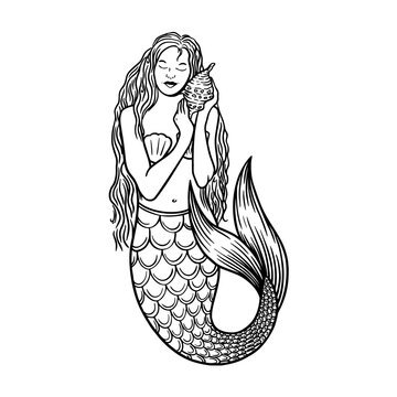 Beautiful young mermaid with the sea shell and pearl. Sea underwater fantasy creature with tail and decorative long hair. Hand drawn vector illustration, design for coloring book, tattoo and poster.