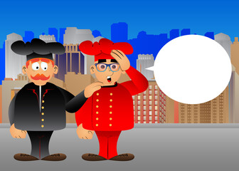 Fat male cartoon chef in uniform comforting another. Vector illustration. Cook consoling his partner.