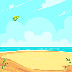 Fototapeta na wymiar Green paper airplane flying in the clouds over the sandy seashore