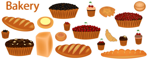 Set of bakery products. Bread, loaf, baguette, chocolate cake and brownies, cherry pie, pie with currants, buns with cheese and with poppy, sesame. Cakes with berries. Vector illustration - 437150275