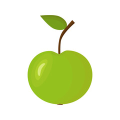 Green apple with a leaf. One ripe, juicy and fresh fruit for healthy food, drink and diet. Round shape of green apple close-up isolated th on a white background. Vector illustration.