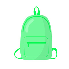 Front view of travel bag. School backpack. Light green backpack icon cartoon.