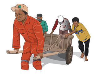 Group of men working together with cart illustration