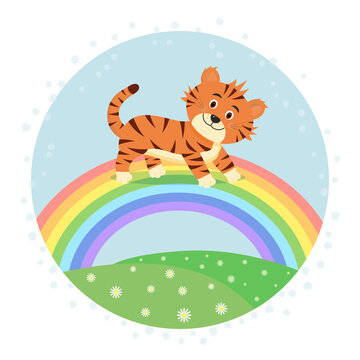 Childish cards or poster with Cute tiger walking on the rainbow. Nursery prints, Ideal for kids room decoration, clothing, prints, card.