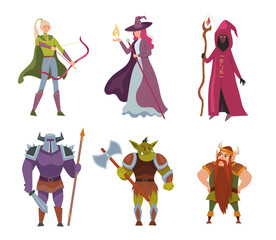 Fototapeta na wymiar Fantasy cartoon characters illustrations set. Fairytale humans and creatures. Elf, orc magician, druid cartoon personages. Fantasy games figures. Ideas for computer games design